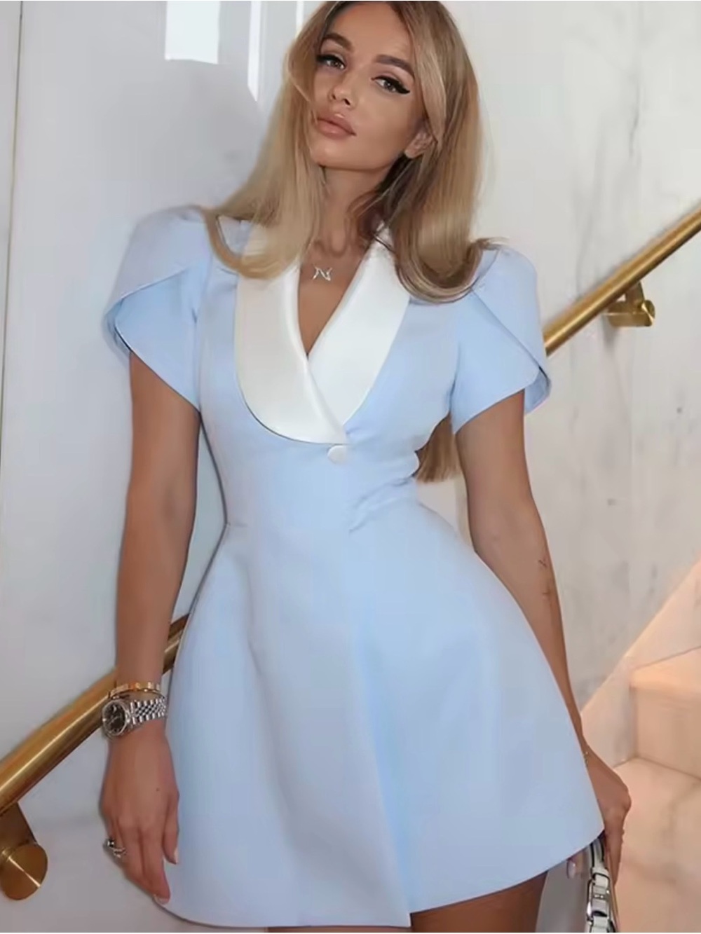 Elegant Light Blue Short Dress with White Lapel